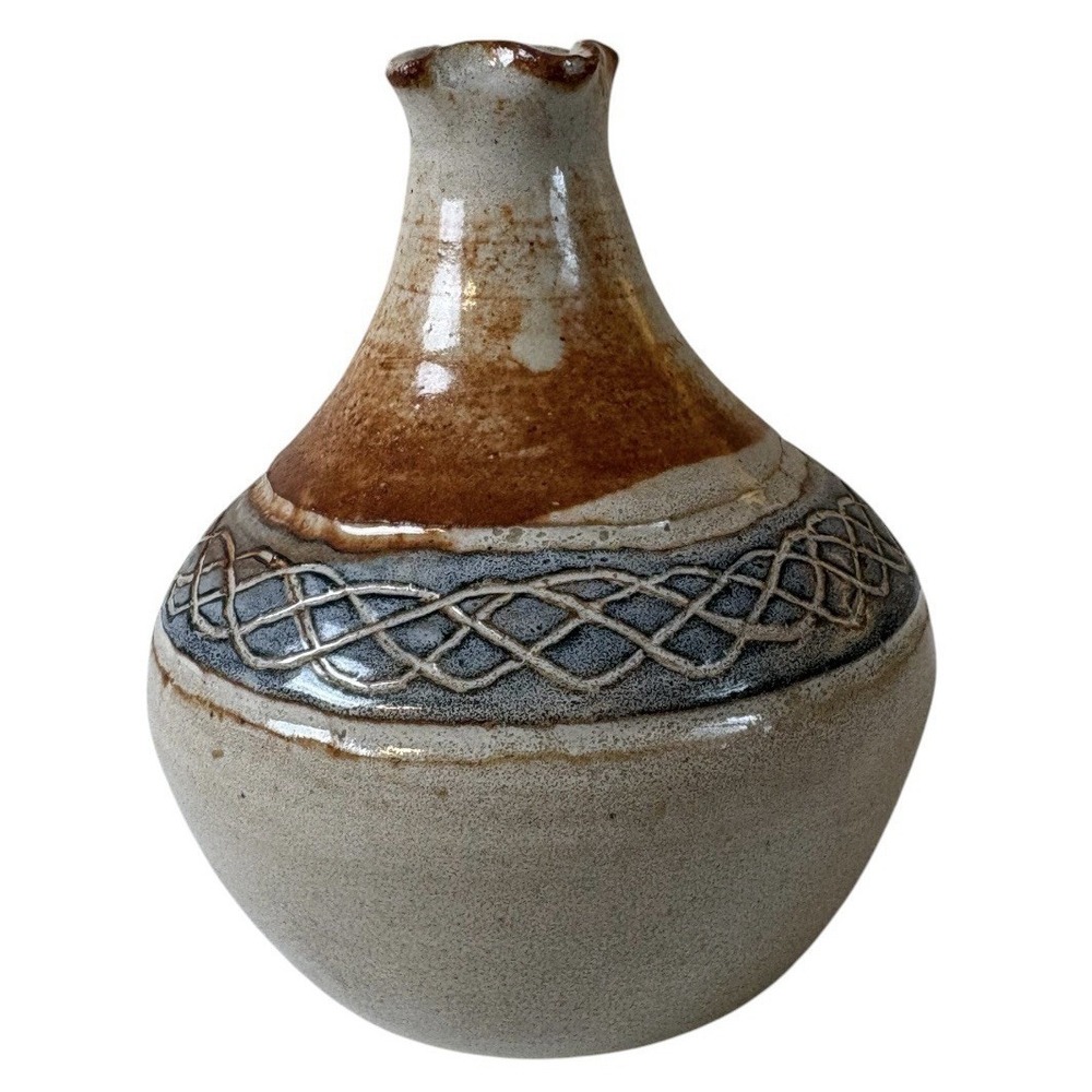 Signed Small Pottery Vase Rustic Earth Tone Glaze Braided Band Gray Brown